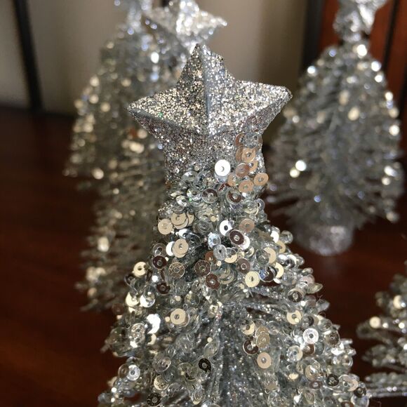 6 Silver Glitter Tabletop Decor Star Topped Bottle Brush Christmas Trees - Picture 15 of 16